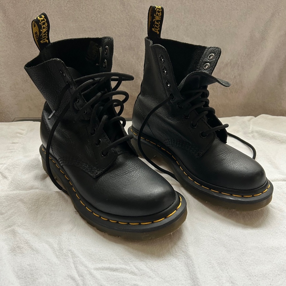 Dr. Martens Pascal 1460 Black Boots with Yellow Stitching